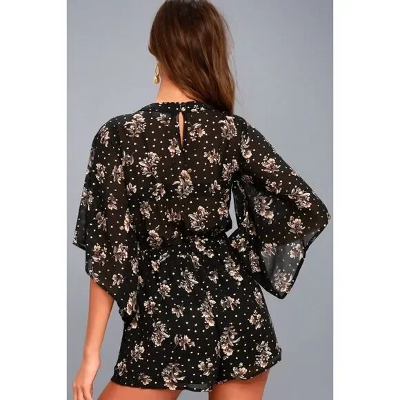 Lulu’s | Midnight Voyage Black Floral Print Romper - Picture 3 of 12
